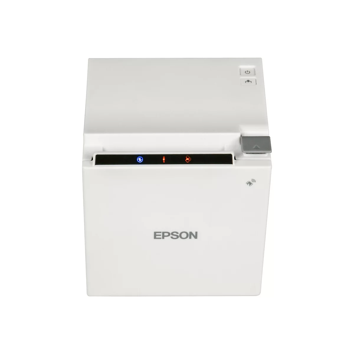 Draufsicht auf einen weißen Epson-Thermodrucker. Oben befinden sich zwei Tasten und eine graue Klappe, darunter Kontrollleuchten.