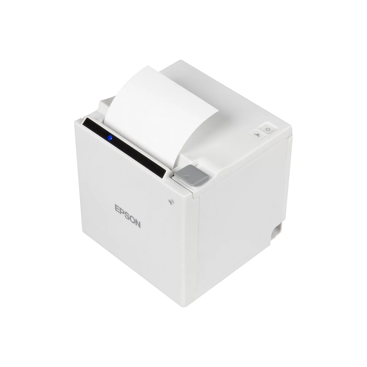 Ein weißer Bondrucker mit auslaufendem Papier. Oben rechts befinden sich zwei Knöpfe. Der Drucker hat das Epson Logo.
