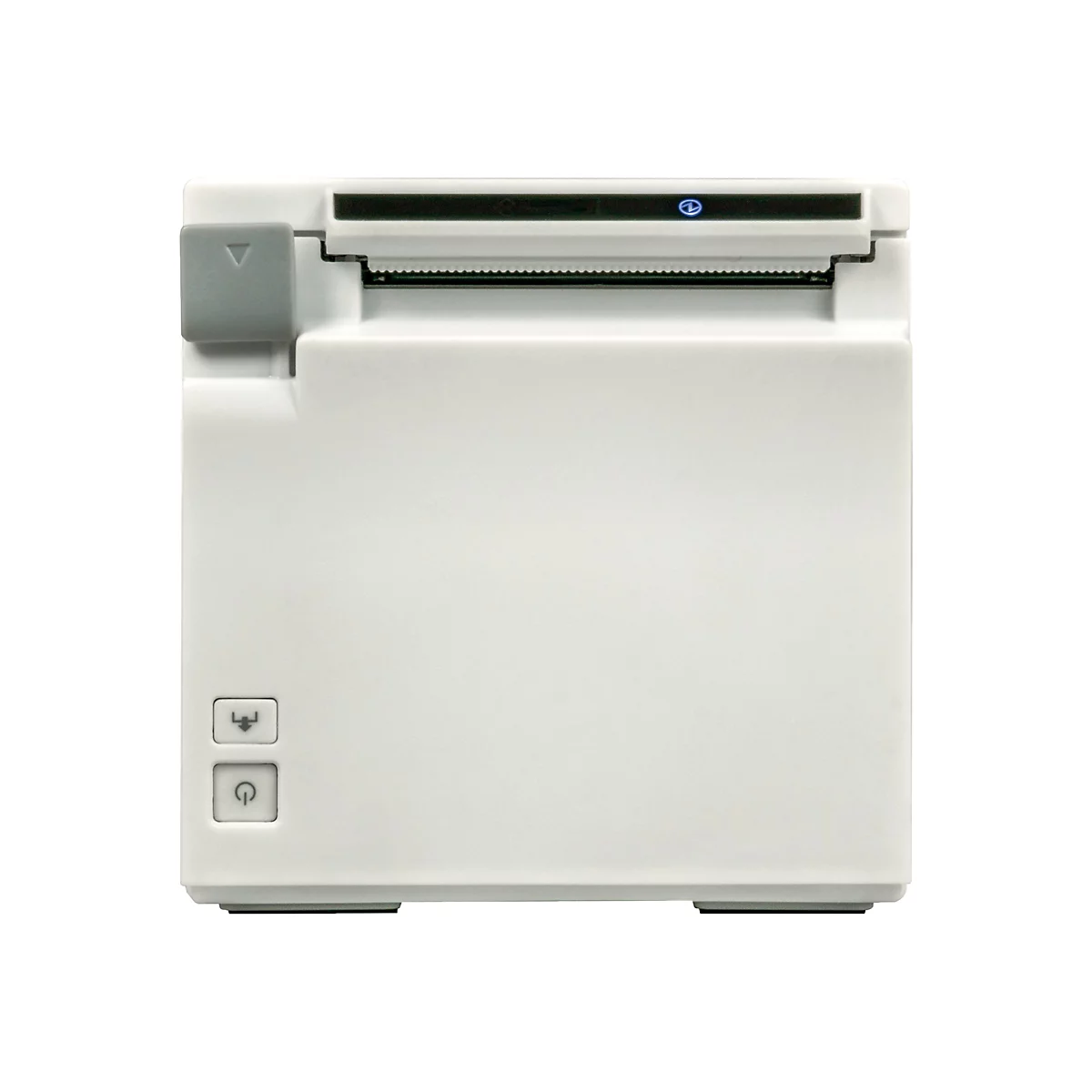 Weißer Thermodrucker; oben ein Papierauslass, vorne zwei Knöpfe, an der Seite ein grauer Knopf.