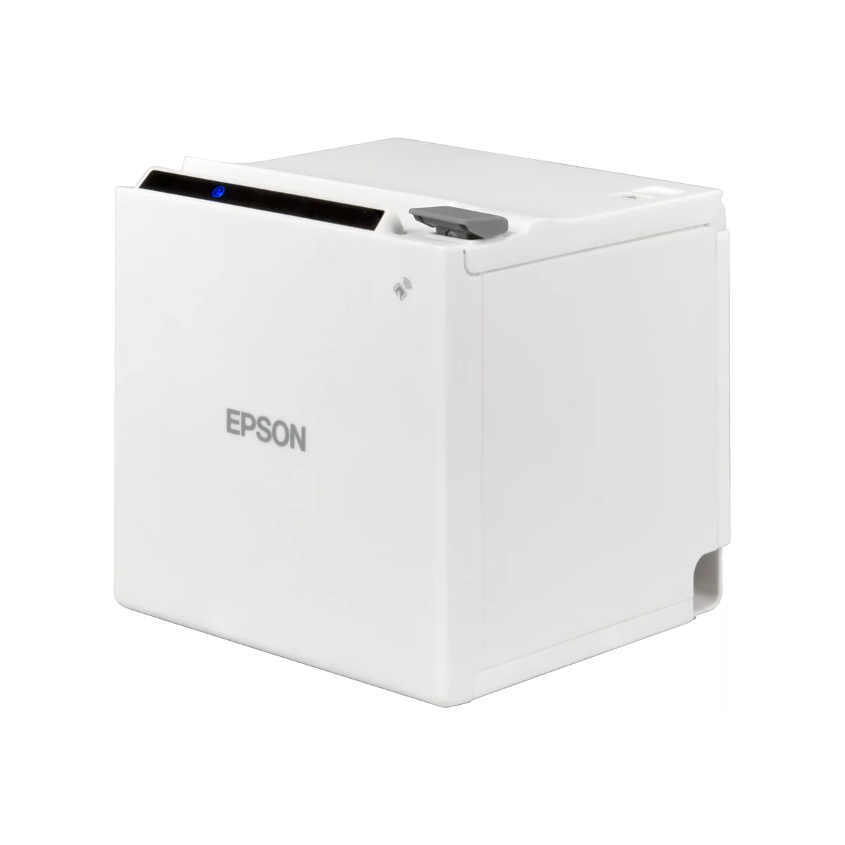 Weißer Epson-Thermodrucker, blaue LED, grauer Knopf, Logo. Seitlich, 3/4-Ansicht.
