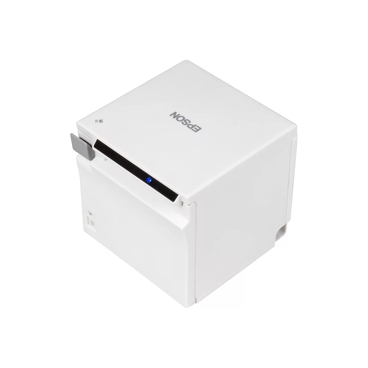 Weißer Drucker, Epson-Logo, blauer Leuchtstreifen, oben rechts. Grauer Klappverschluss an der Seite.
