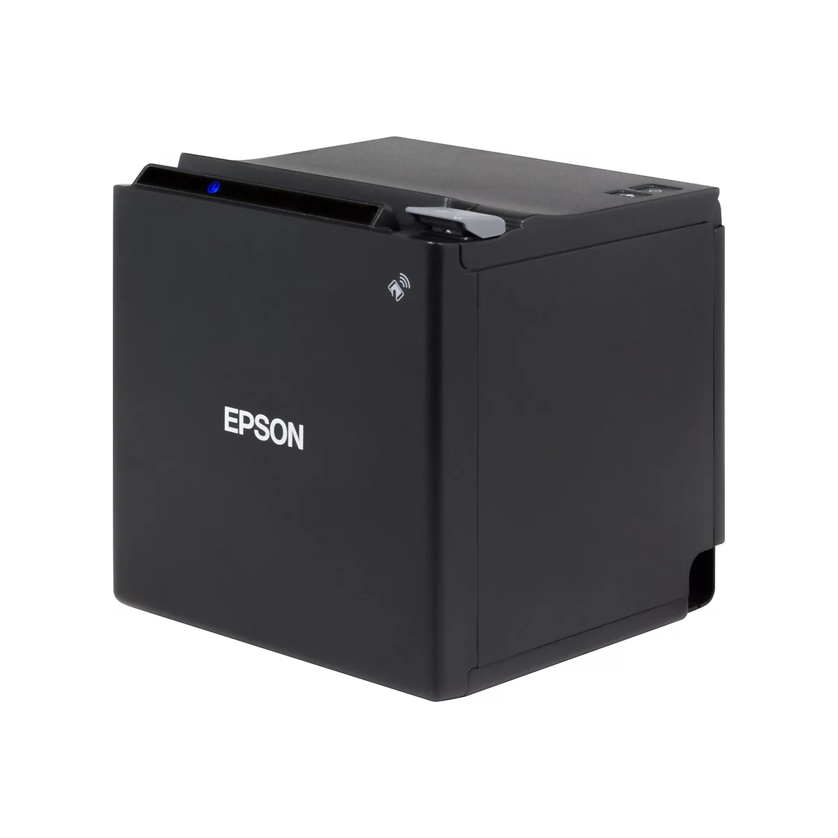 Schwarzer Epson Thermobondrucker vor weißem Hintergrund.
