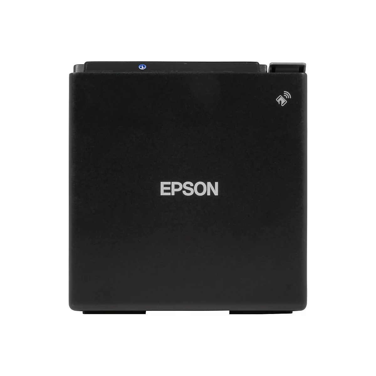 Schwarzer Epson-Belegdrucker in quadratischer Form vor weißem Hintergrund.