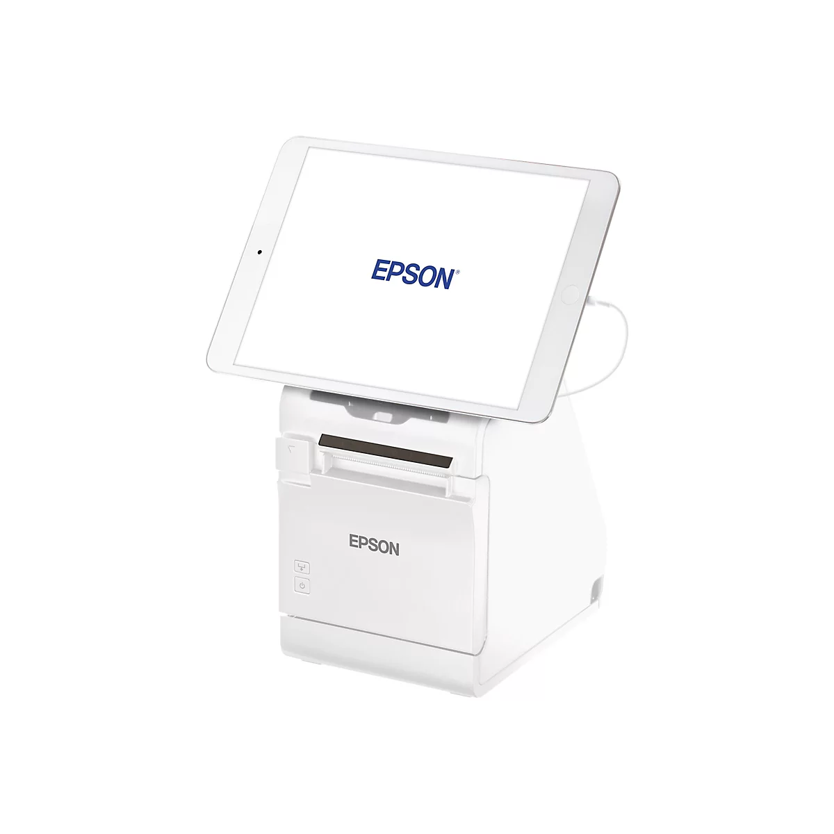 Weißes POS-System, bestehend aus Drucker und Tablet, beide mit Epson-Logo.