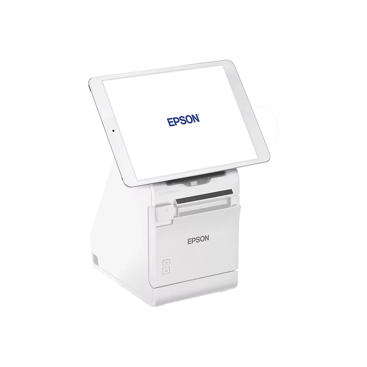 Eine weiße Epson-Thermodrucker mit einem weißen Tablet, das mit dem Epson-Logo beschriftet ist, vor weißem Hintergrund.