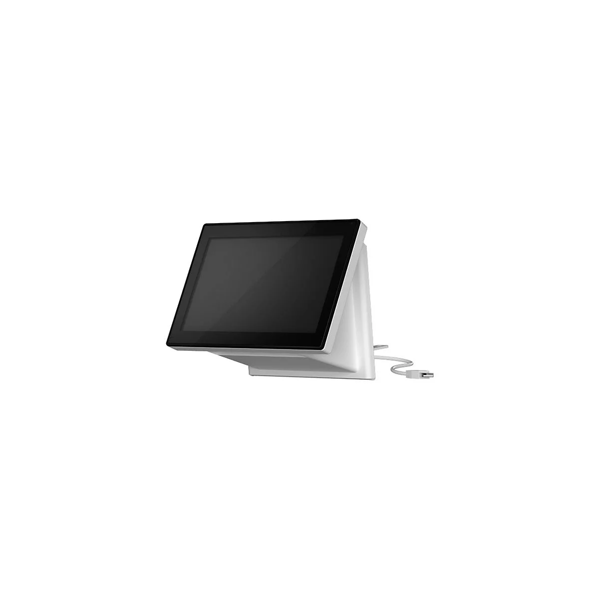 Weißes Touchscreen-Terminal auf weißem Sockel, schwarzer Bildschirm, USB-Kabel.