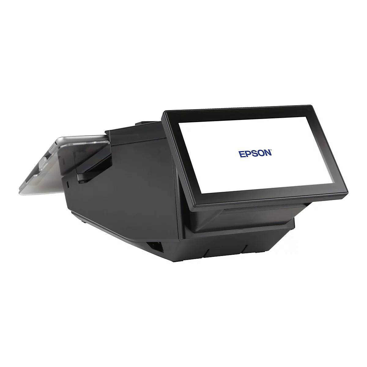 Schwarzes Epson Kassensystem mit Touchscreen-Display vor weißem Hintergrund.