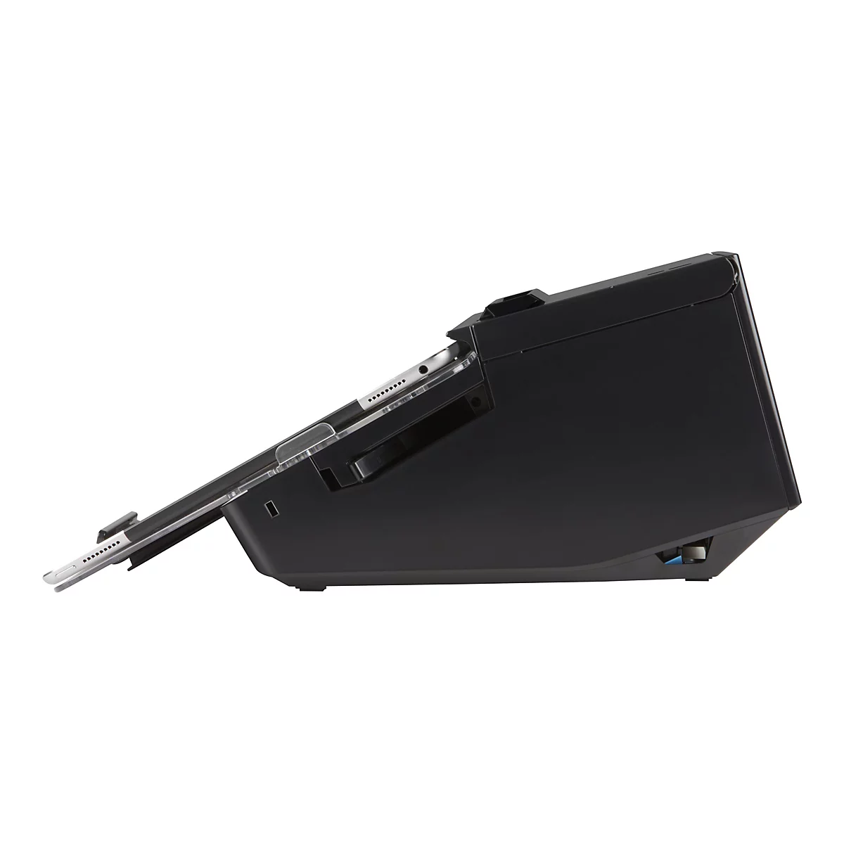 Seitenansicht eines schwarzen Dokumentenscanners mit einem eingelegten Tablet.