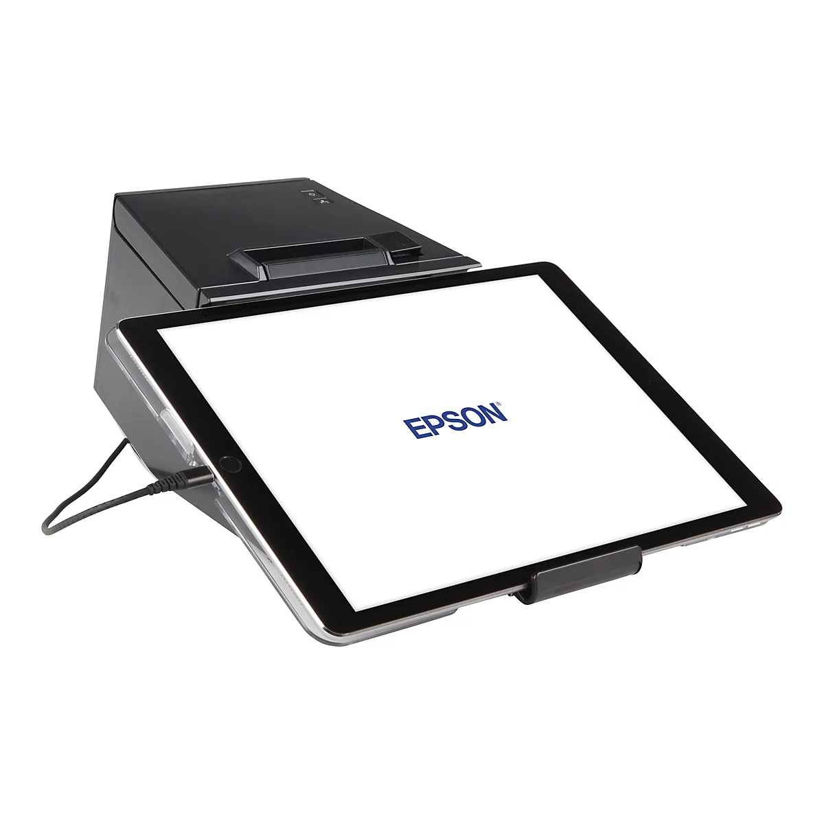 Eine schwarze Epson-Tablet-Halterung mit integriertem Drucker. Der Tablet-Bildschirm zeigt das Epson-Logo. Ein Kabel ist angeschlossen.