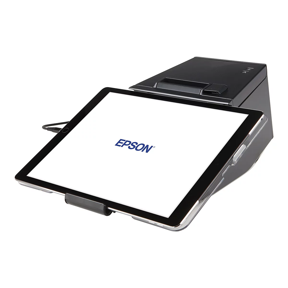 Schwarzes Tablet mit EPSON Logo, in Halterung. Stromanschluss und Gerät auf weißem Hintergrund.