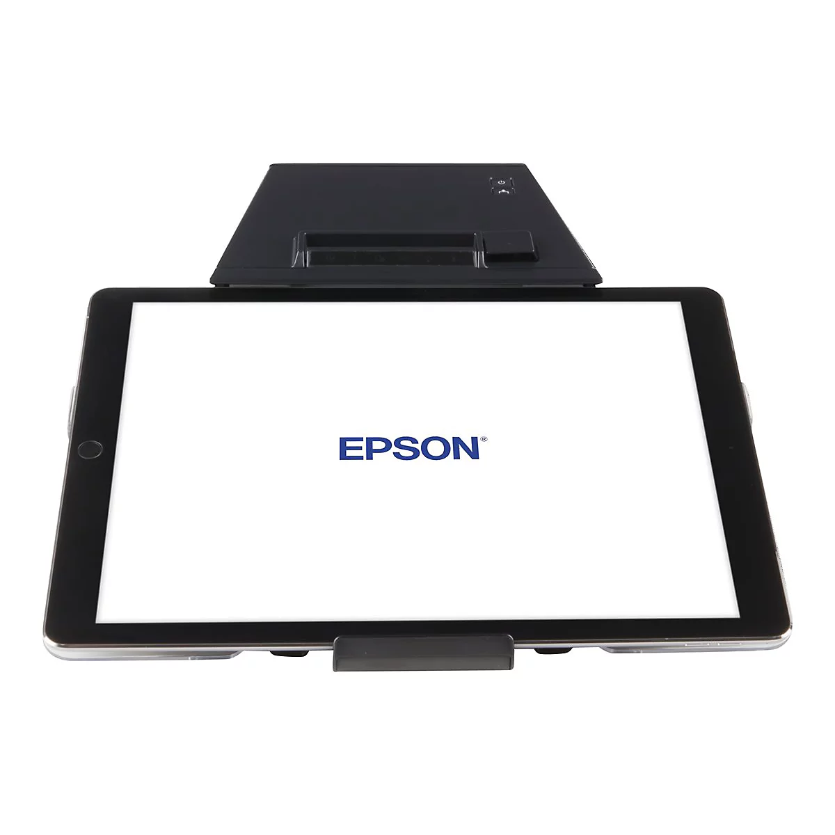 Schwarzes Tablet mit Epson Logo und Aufsatz. Auf weißem Hintergrund.