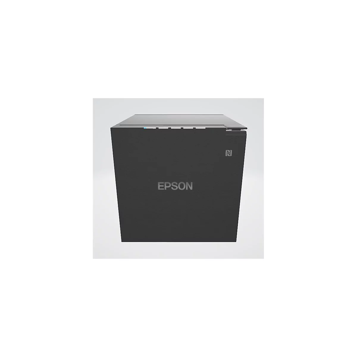 Dunkelgrauer Drucker. Auf der Front steht der Markenname EPSON. Oben rechts ein N-Symbol.
