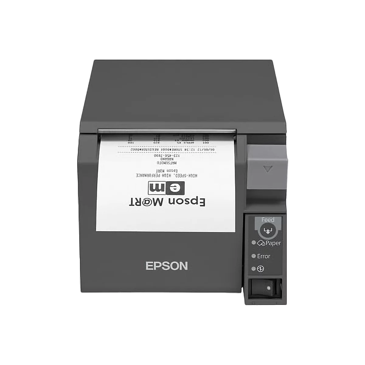 Drucker mit weißem Papierausdruck. Auf dem Papier ist Epson M@RT, der Firmenname und andere Details zu sehen. Der Drucker hat eine Feed-Taste, Papier- und Fehleranzeigen.