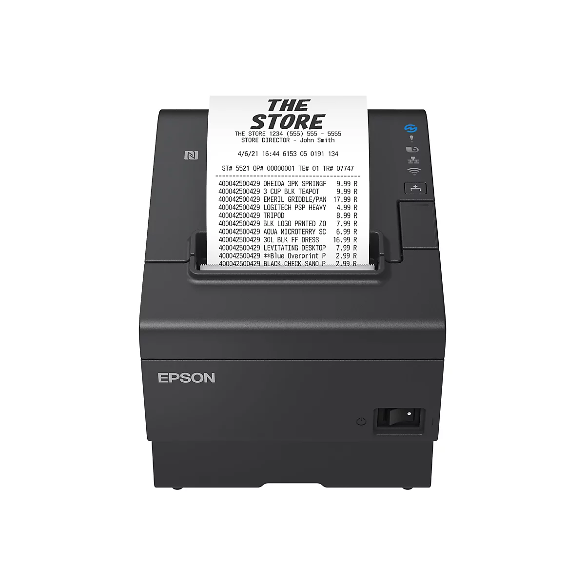 Ein Epson-Bon-Drucker druckt einen Kassenbon aus. Auf dem Bon stehen die Artikel und Preise. Der Drucker ist schwarz mit einem Epson-Logo.