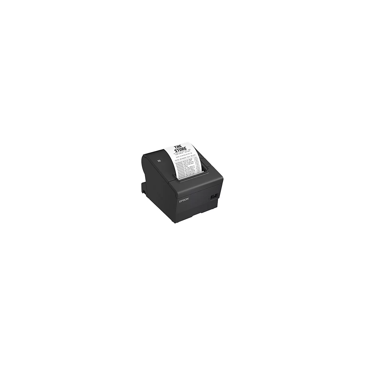Schwarzer Epson-Bondrucker mit ausgegebenem Kassenbeleg auf neutralem Hintergrund.