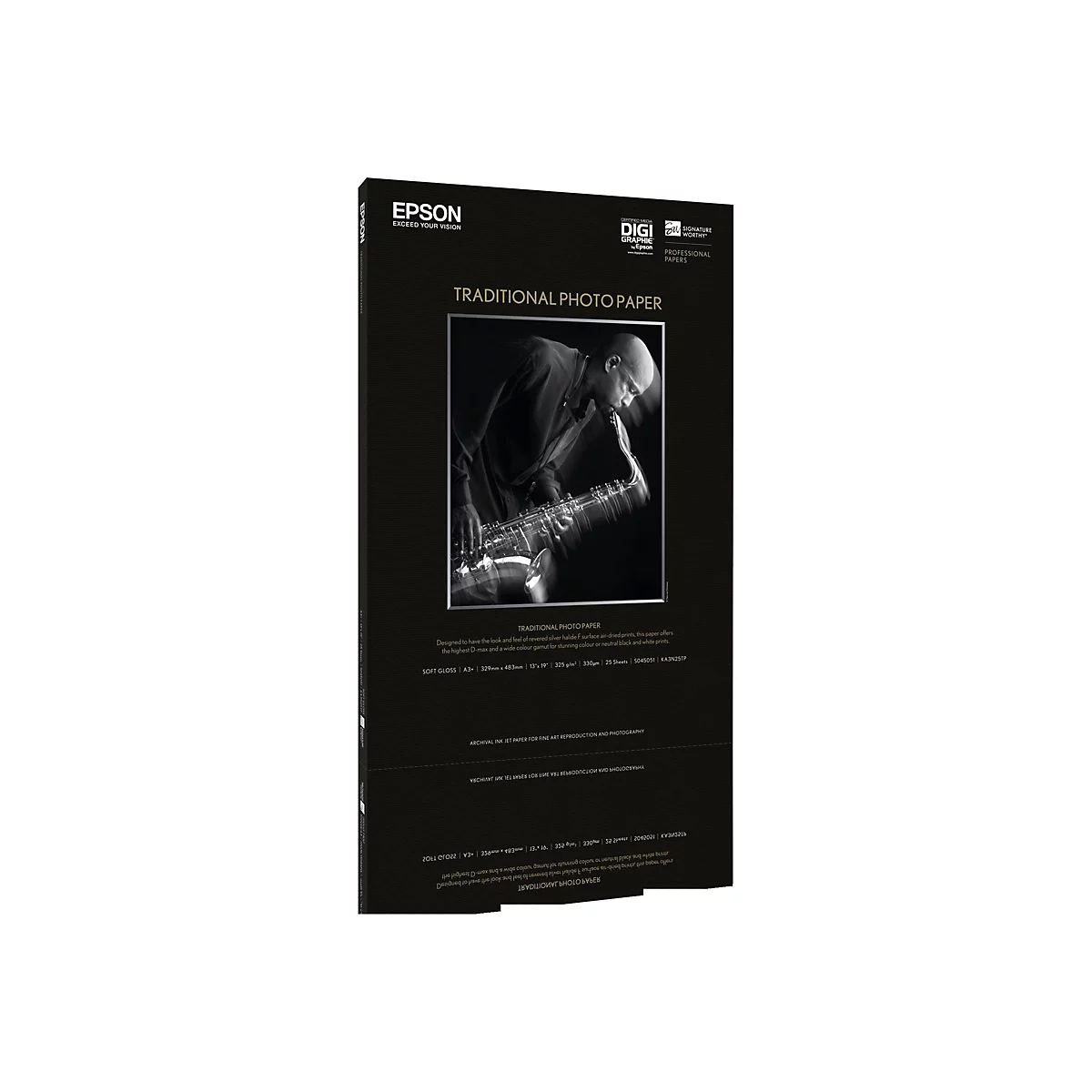 Epson Traditional Photo Paper Produktverpackung in Schwarz mit Foto eines Saxophonspielers.