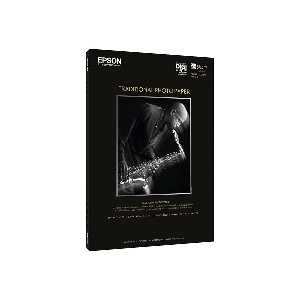 Epson Traditional Photo Paper Verpackung in Schwarz mit einem Saxophonspieler als Motiv auf dem Karton.