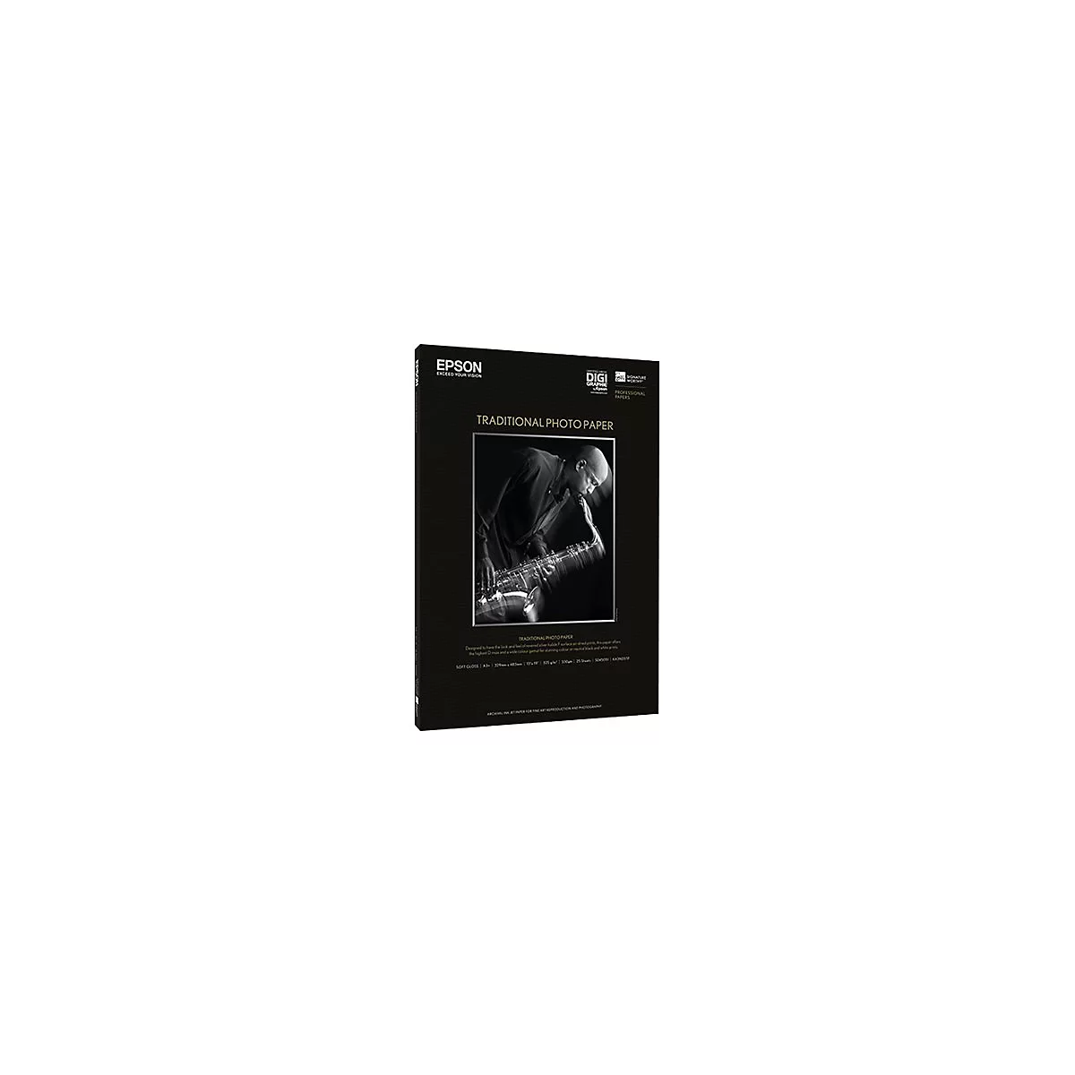 Schwarze Verpackung von Epson Traditional Photo Paper mit einem schwarz-weißen Saxophonspieler als Motiv.