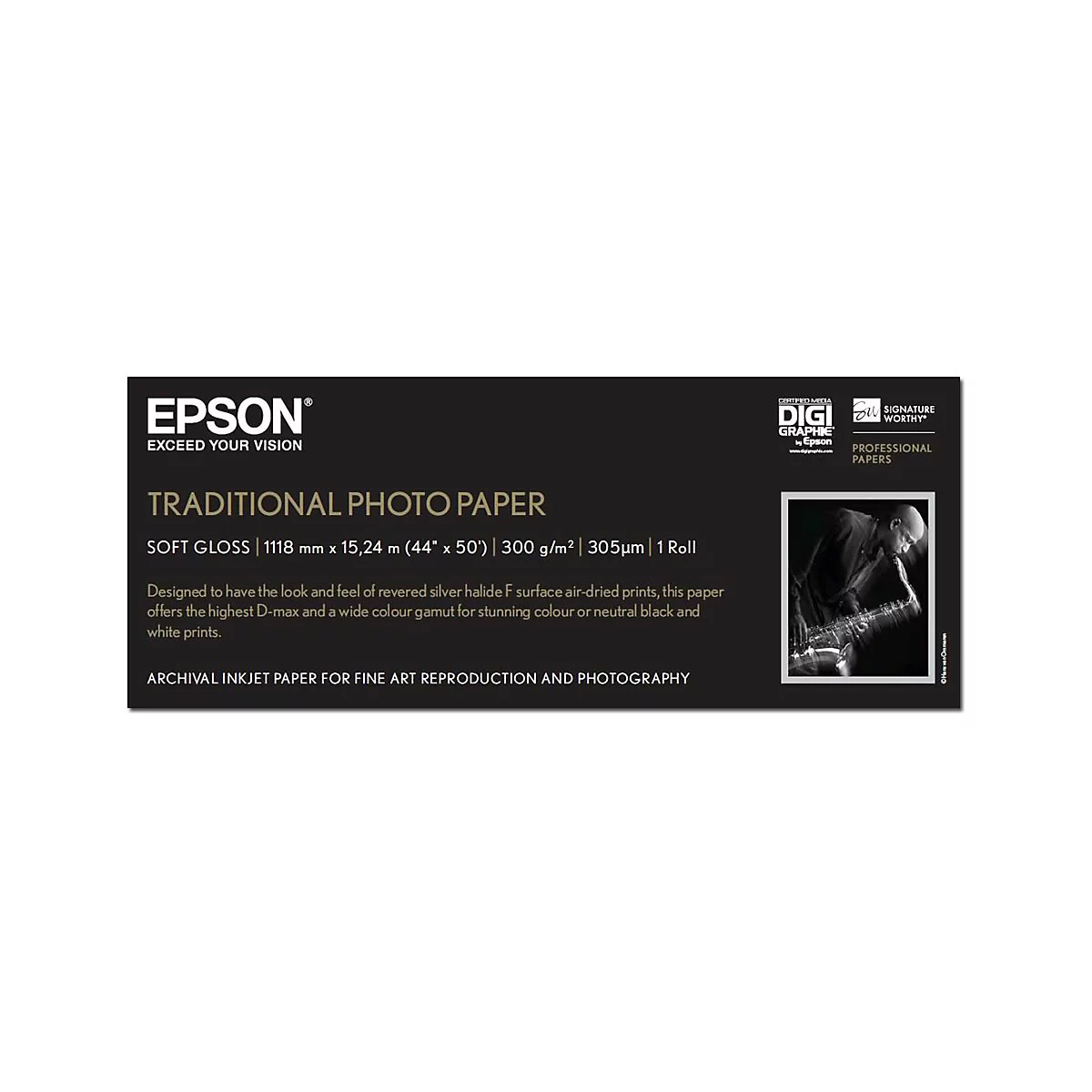 Epson Produktetikett für Traditional Photo Paper, 1118 mm x 15,24 m, mit Schwarz-Weiß-Foto eines Saxophonspielers.
