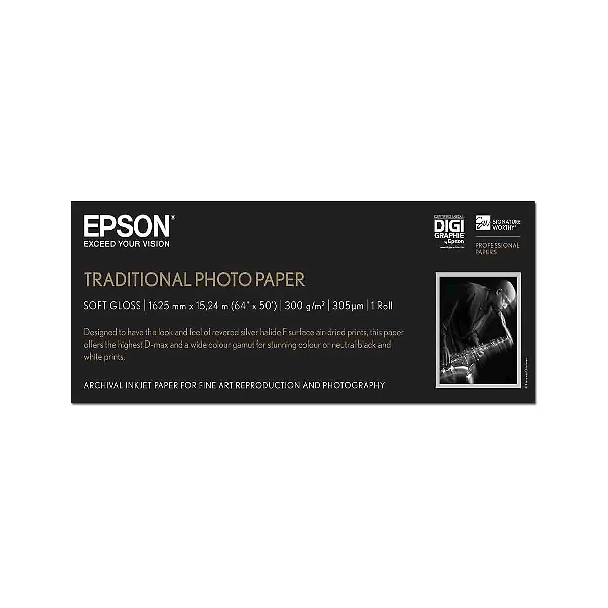 Epson Verpackung für Traditional Photo Paper, schwarz mit weißem Text, Spezifikationen und einem Schwarz-Weiß-Foto eines Saxophonisten.