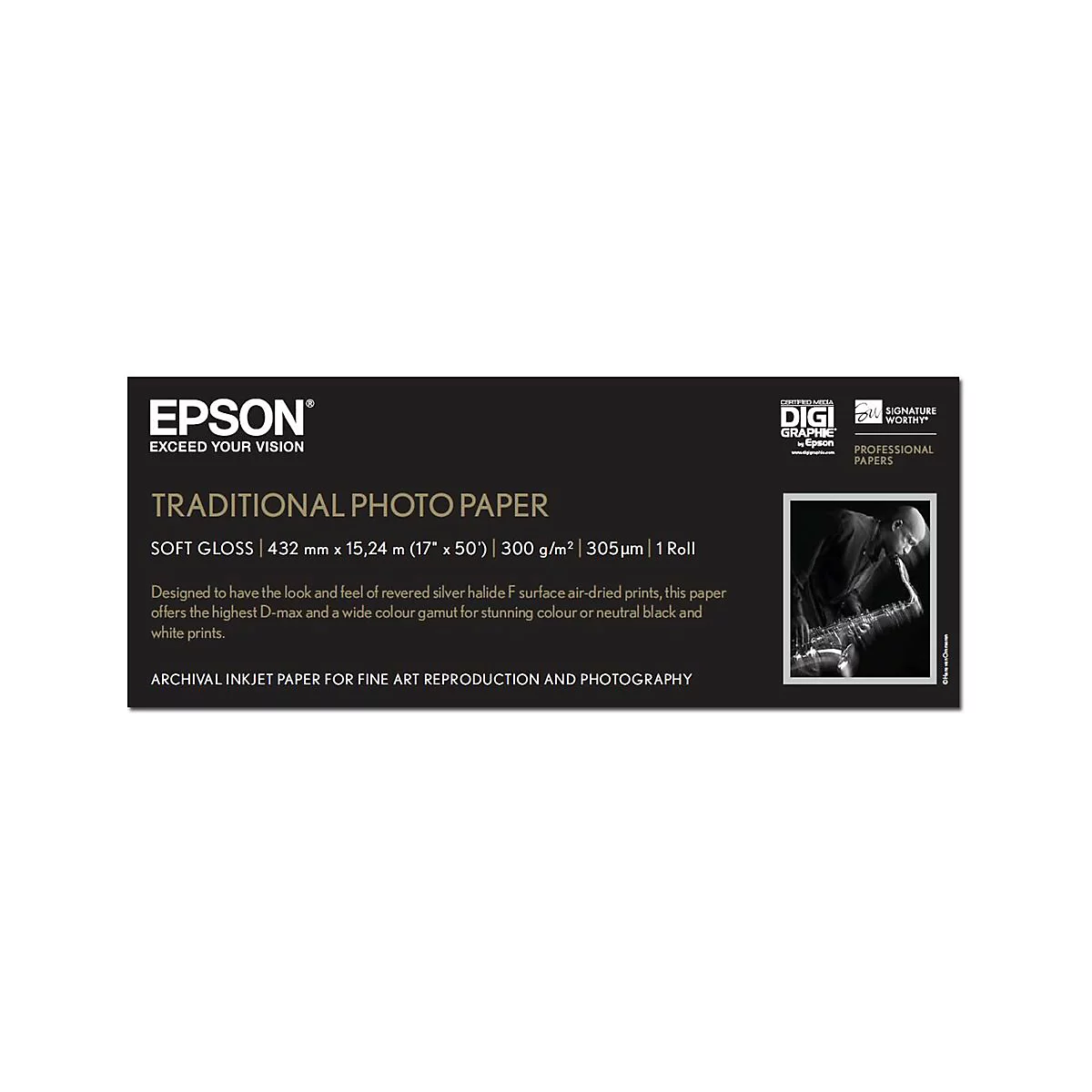 Produktverpackung für Epson Traditional Photo Paper mit technischen Daten, Logo und einem Saxophonistenbild.