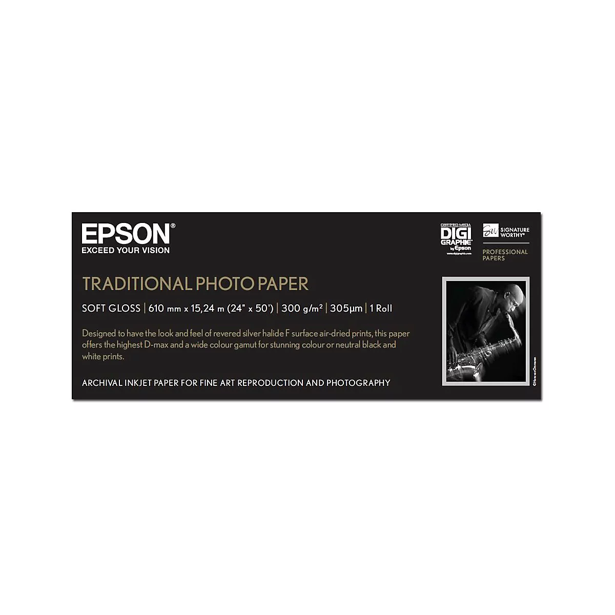 Epson Traditional Photo Paper Verpackungsetikett mit Produktdetails und einem schwarz-weiß Saxophonisten-Foto.