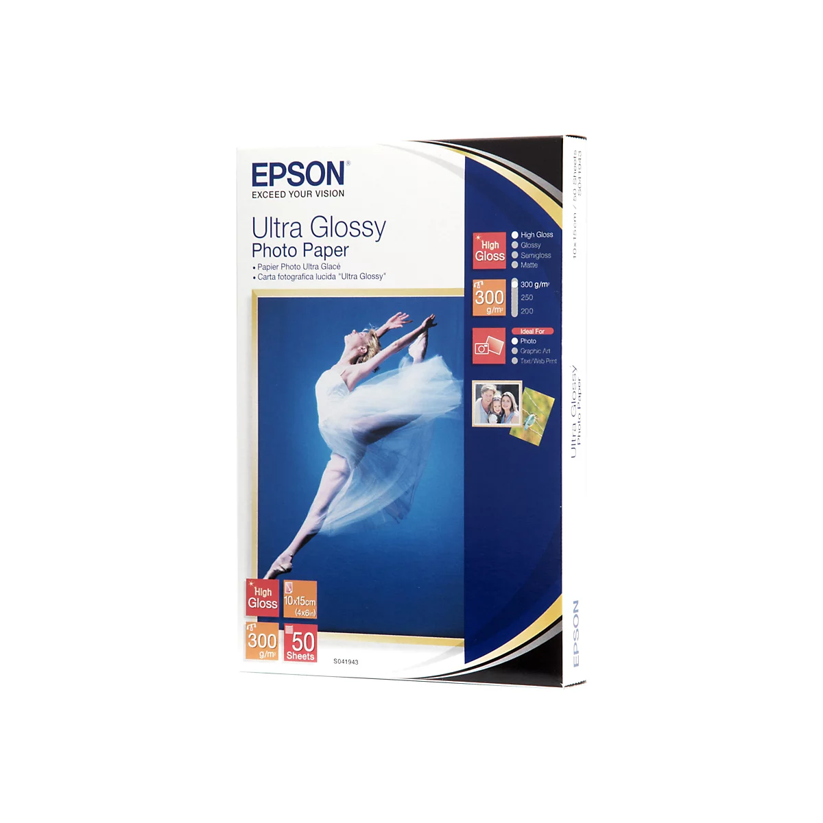 Eine Packung Epson Ultra Glossy Fotopapier, 10x15cm, 300g/m², mit einer Ballerina auf dem Cover.