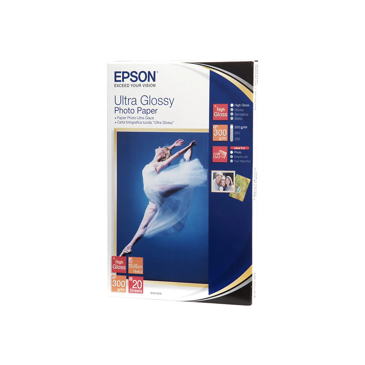 Epson Ultra Glossy Fotopapier Verpackung mit tanzender Ballerina auf dunkelblauem Hintergrund.