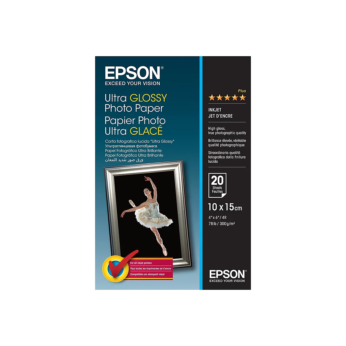 Epson Ultra Glossy Fotopapier Verpackung, 10x15cm, 20 Blatt, mit Ballerina-Motiv.