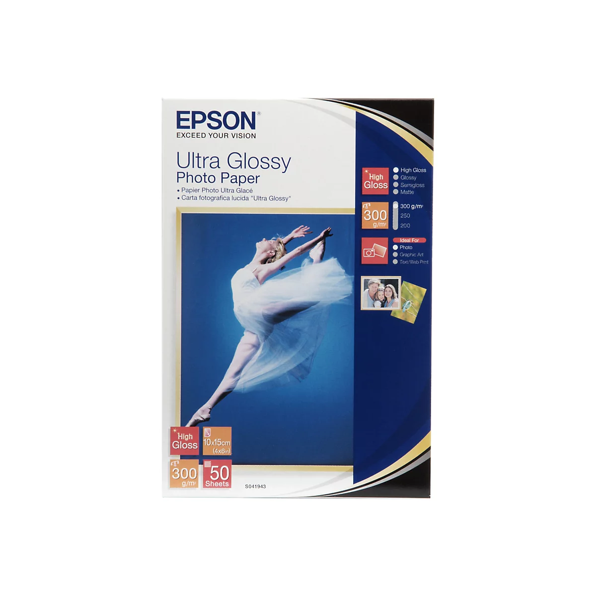 Epson Ultra Glossy Fotopapier Verpackung mit einer Ballerina auf dem Cover und Produktinformationen.
