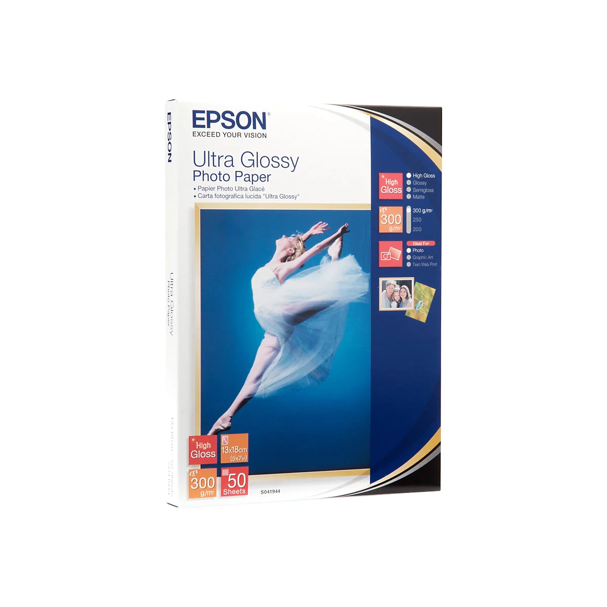 Epson Ultra Glossy Fotopapier Verpackung mit tanzender Ballerina vor blauem Hintergrund.