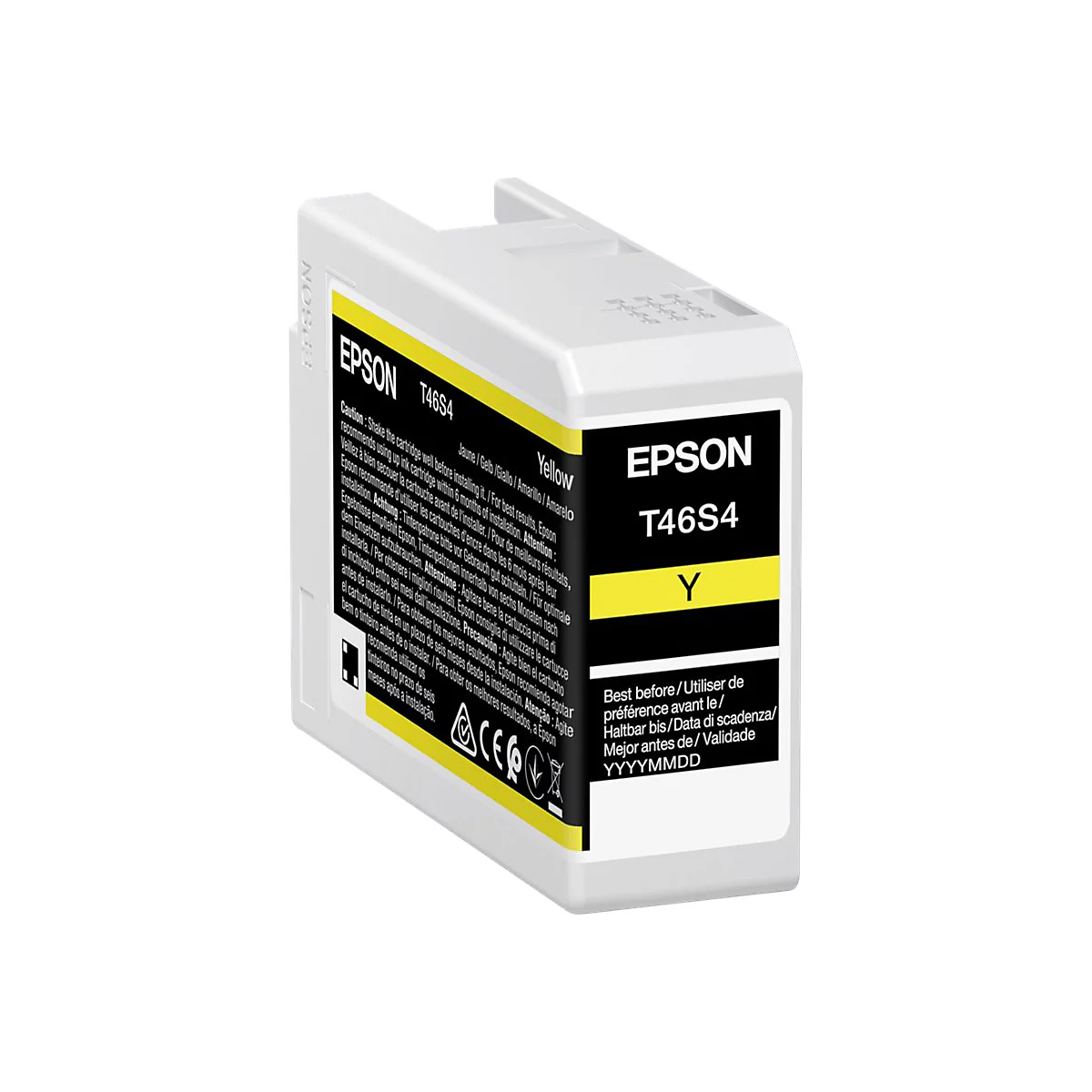 Cartouche d'encre jaune Epson T46S4, étiquette avec avertissements et date d'expiration.
