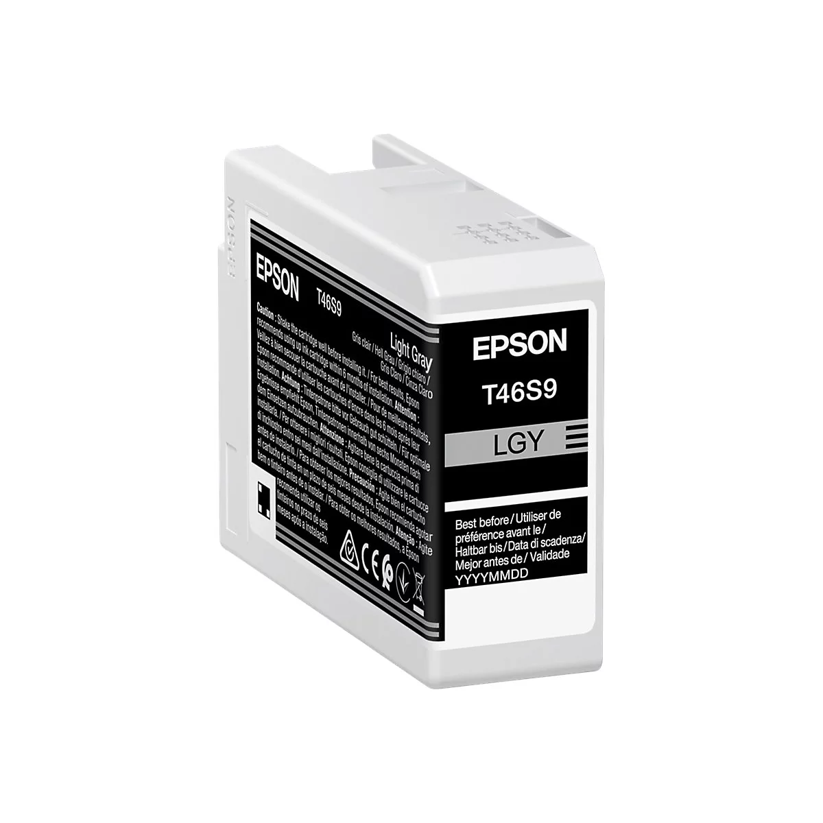 Epson T46S9 Tintenpatrone, hellgrau, mit Text. Der untere Teil zeigt „Best before“.