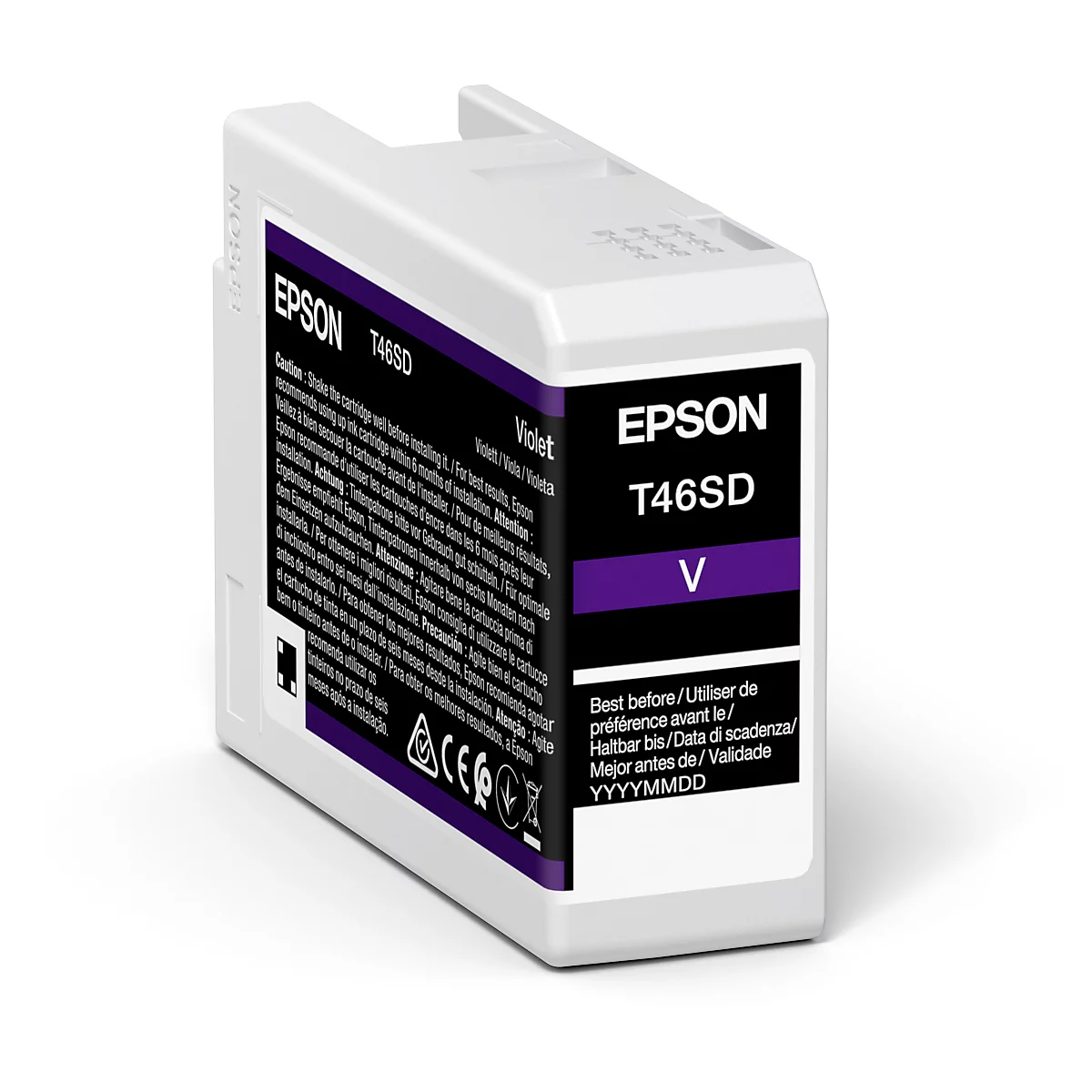 Eine violette Epson T46SD Tintenpatrone. Auf der Verpackung stehen Produktbezeichnungen und Warnhinweise.