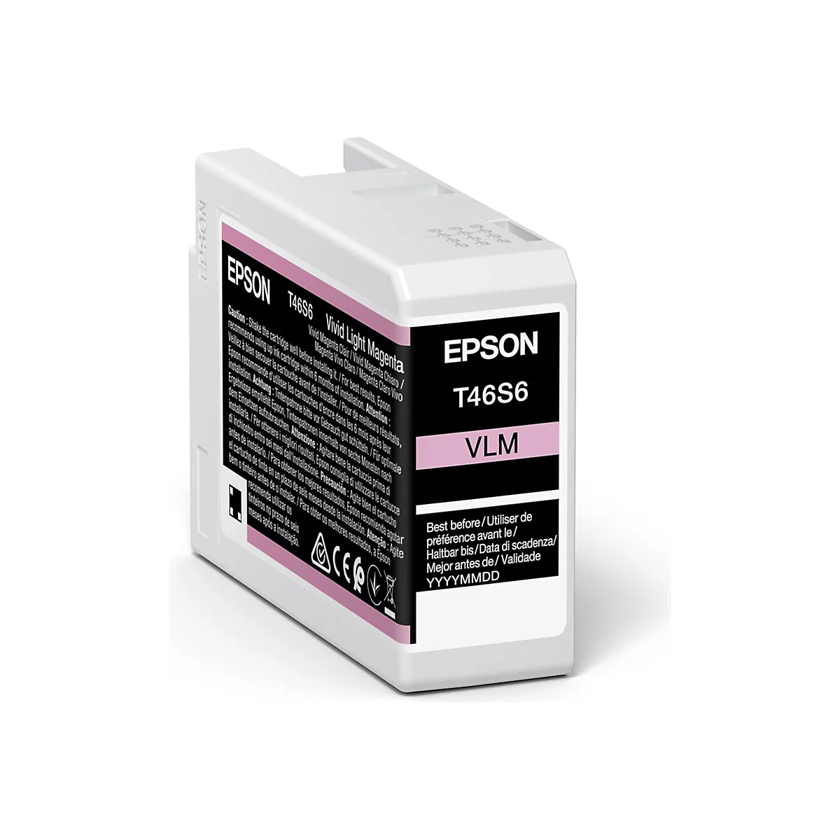 Une cartouche d'encre Epson blanche avec des impressions noires et roses. La cartouche indique : T46S6, Vivid Light Magenta et une date d'expiration.