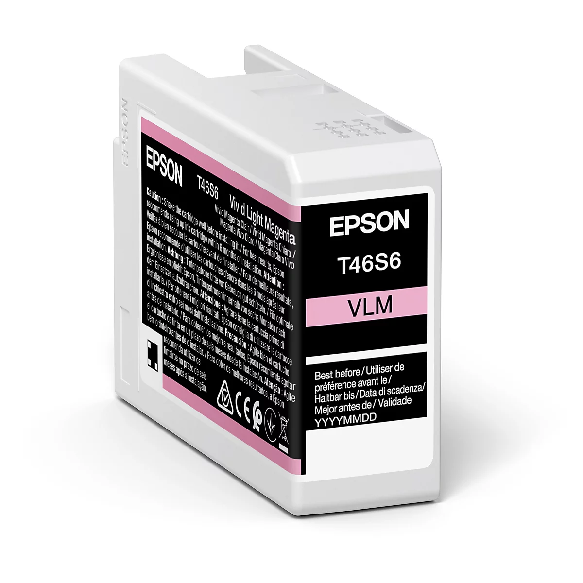 Cartouche d'encre Epson blanche avec l'étiquette "EPSON". Section rose avec l'étiquette "T46S6 VLM".