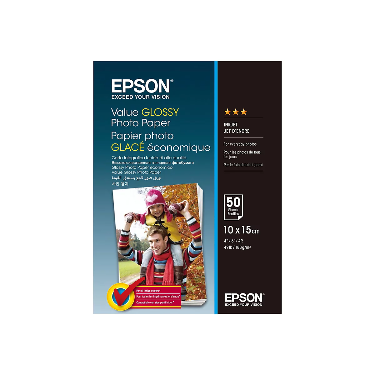 Epson Value Glossy Fotopapier Verpackung, 50 Blatt, 10x15cm, mit Bild eines Vaters, der seine Tochter auf den Schultern trägt.