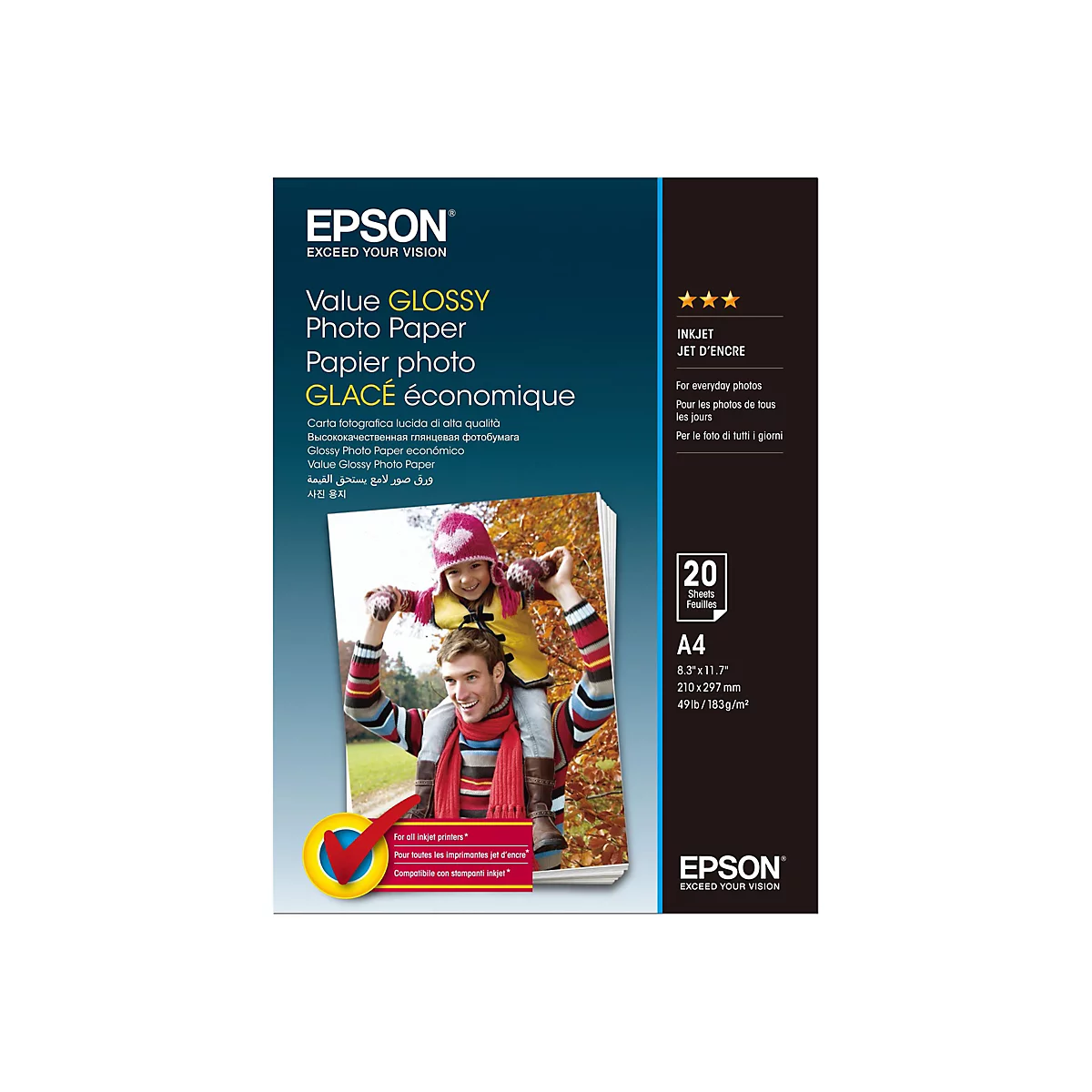 Epson Value Glossy Fotopapier Verpackung mit glänzendem Finish, A4-Format, 20 Blatt für Tintenstrahldrucker.
