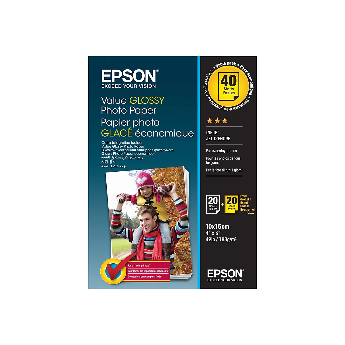 Epson Value Glossy Fotopapier Verpackung mit 40 Blatt im Format 10x15 cm und einem Foto von Vater und Kind.