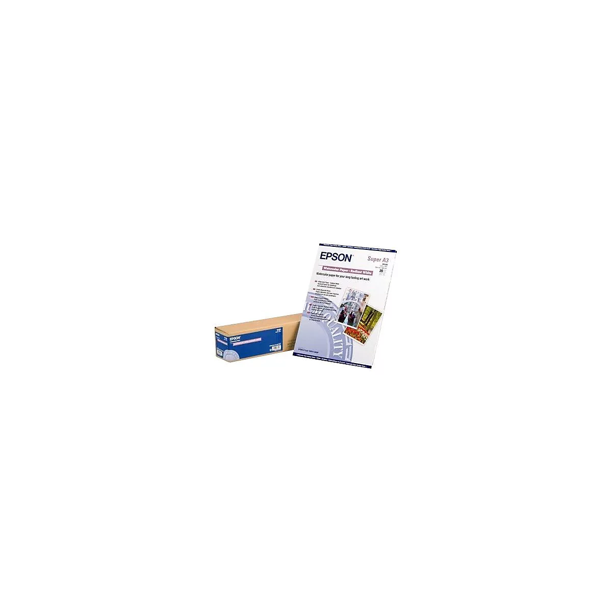 Epson Super A3 Aquarellpapier in einer weißen Verpackung neben einem braunen Versandkarton vor weißem Hintergrund.