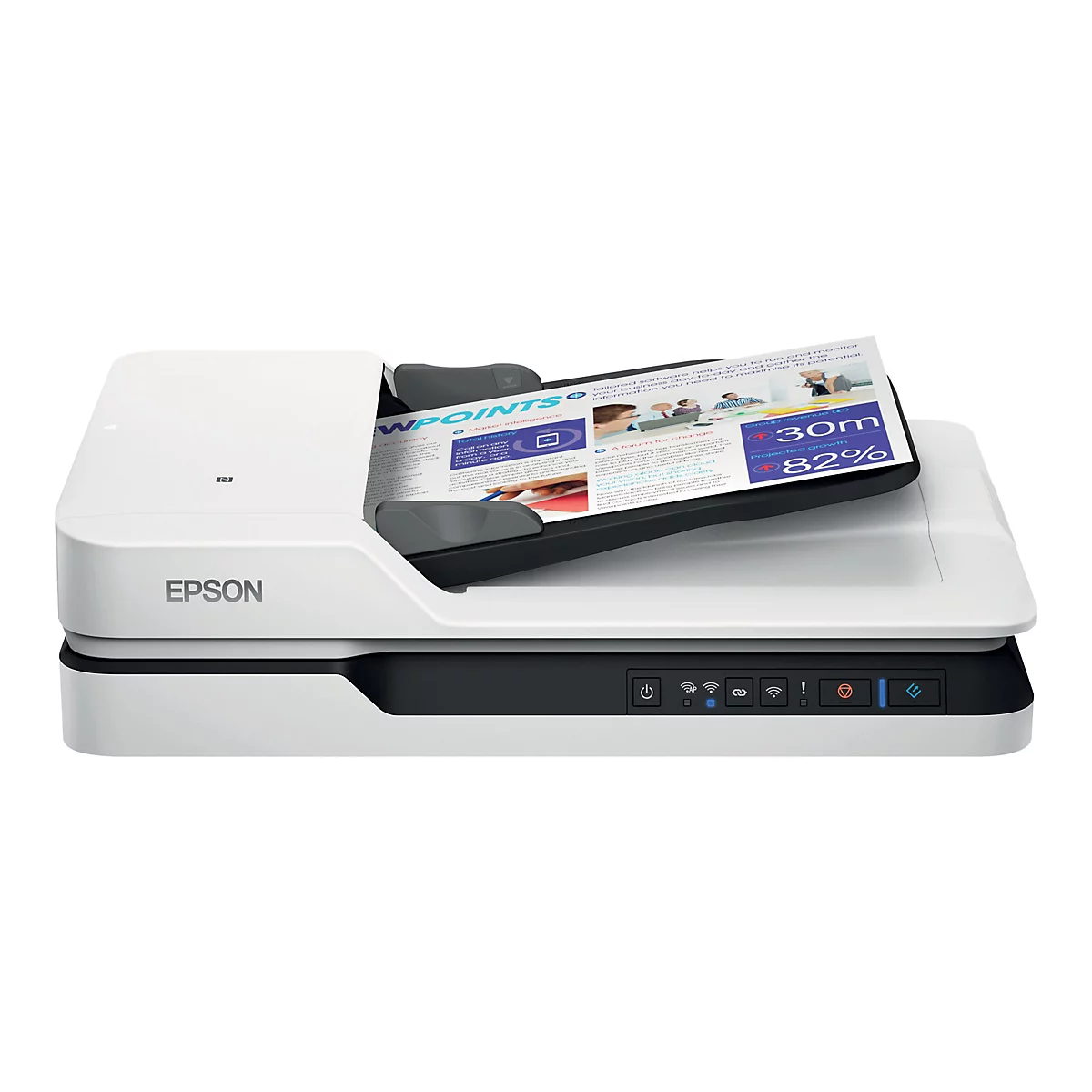 Un scanner Epson blanc avec un document numérisé contenant des informations et des graphiques.