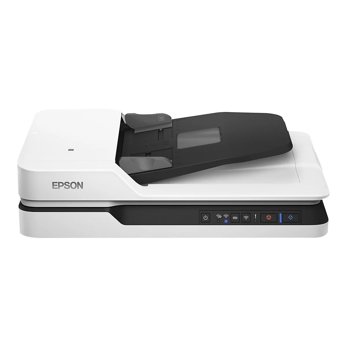 Un scanner Epson blanc avec le couvercle relevé, des commandes et le logo Epson.