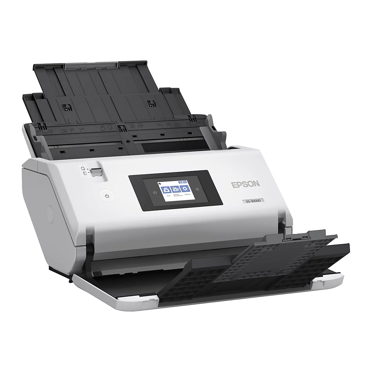 Ein weißer Epson DS-30000 Scanner mit geöffneten Papierablagen. Auf dem Display werden Optionen wie Scannen und Einstellungen angezeigt.