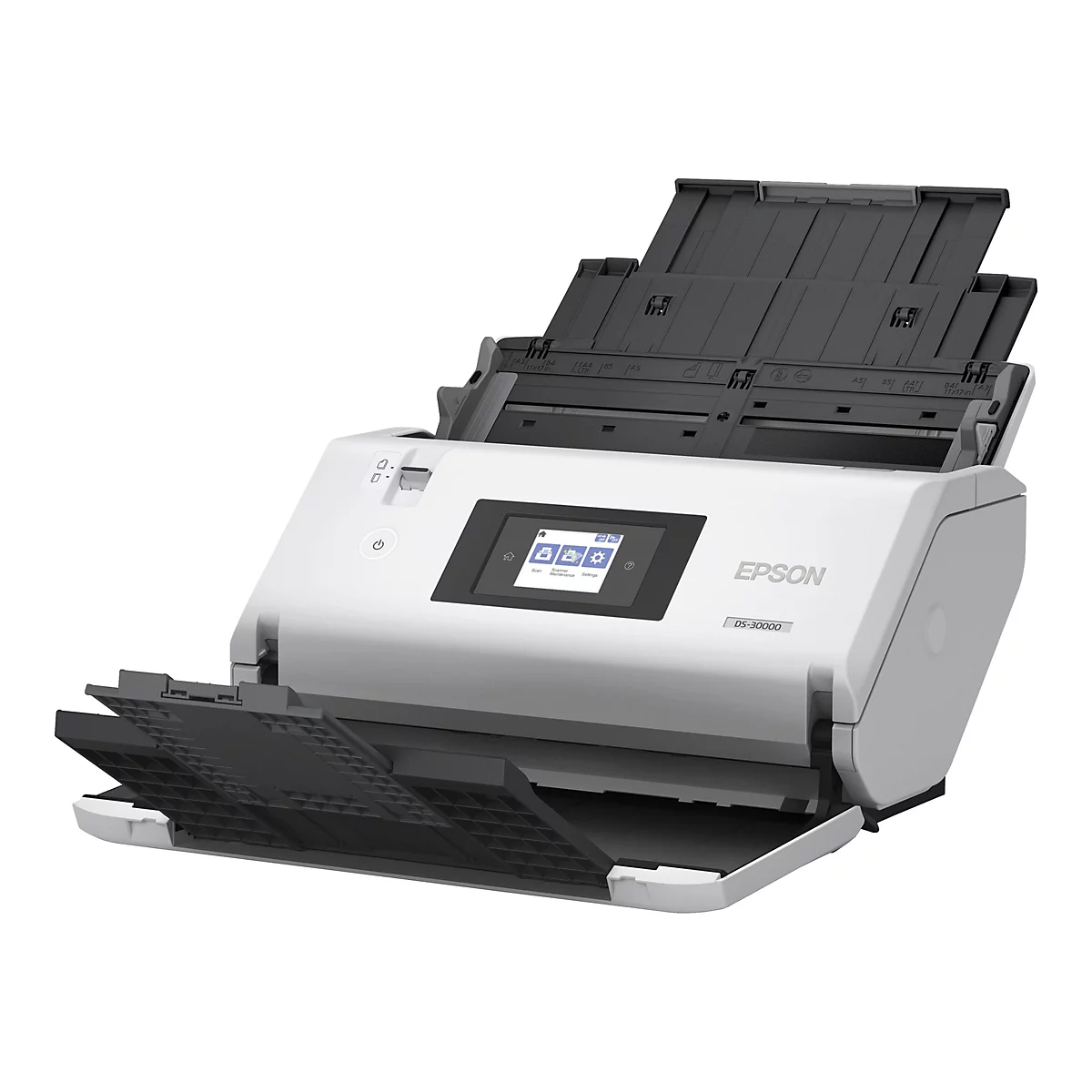 Ein weiß-grauer Epson-Dokumentenscanner, Modell DS-30000. Der Scanner hat drei geöffnete Papierschalen und ein kleines Bedienfeld mit einem Bildschirm.