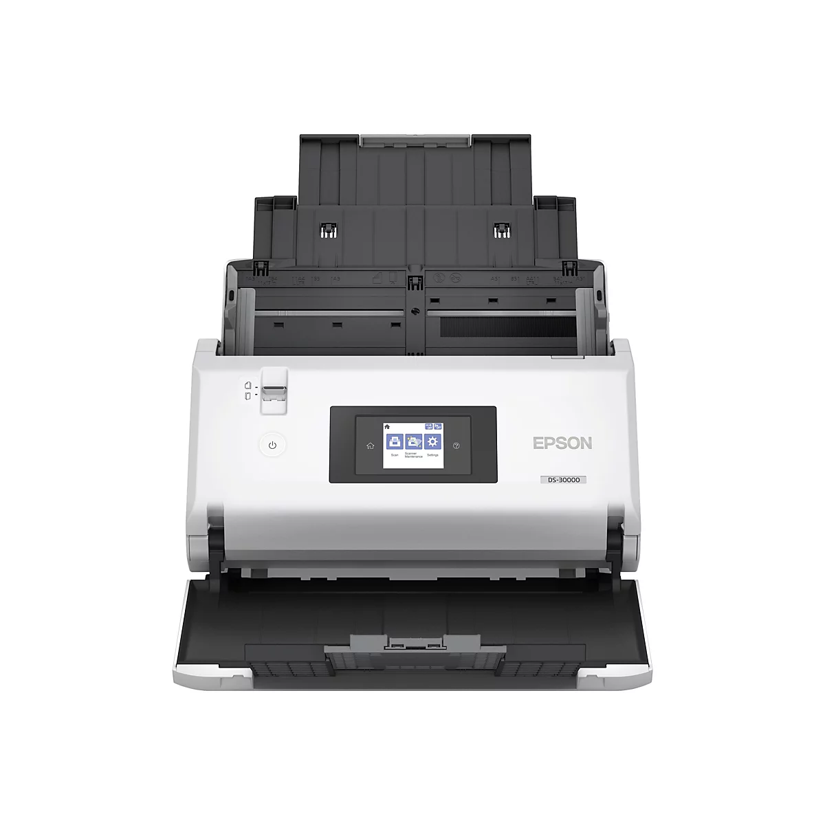 Weißer Epson DS-30000 Scanner mit geöffneten Abdeckungen. Auf dem Bedienfeld werden Optionen wie Scannen und Einstellungen angezeigt.