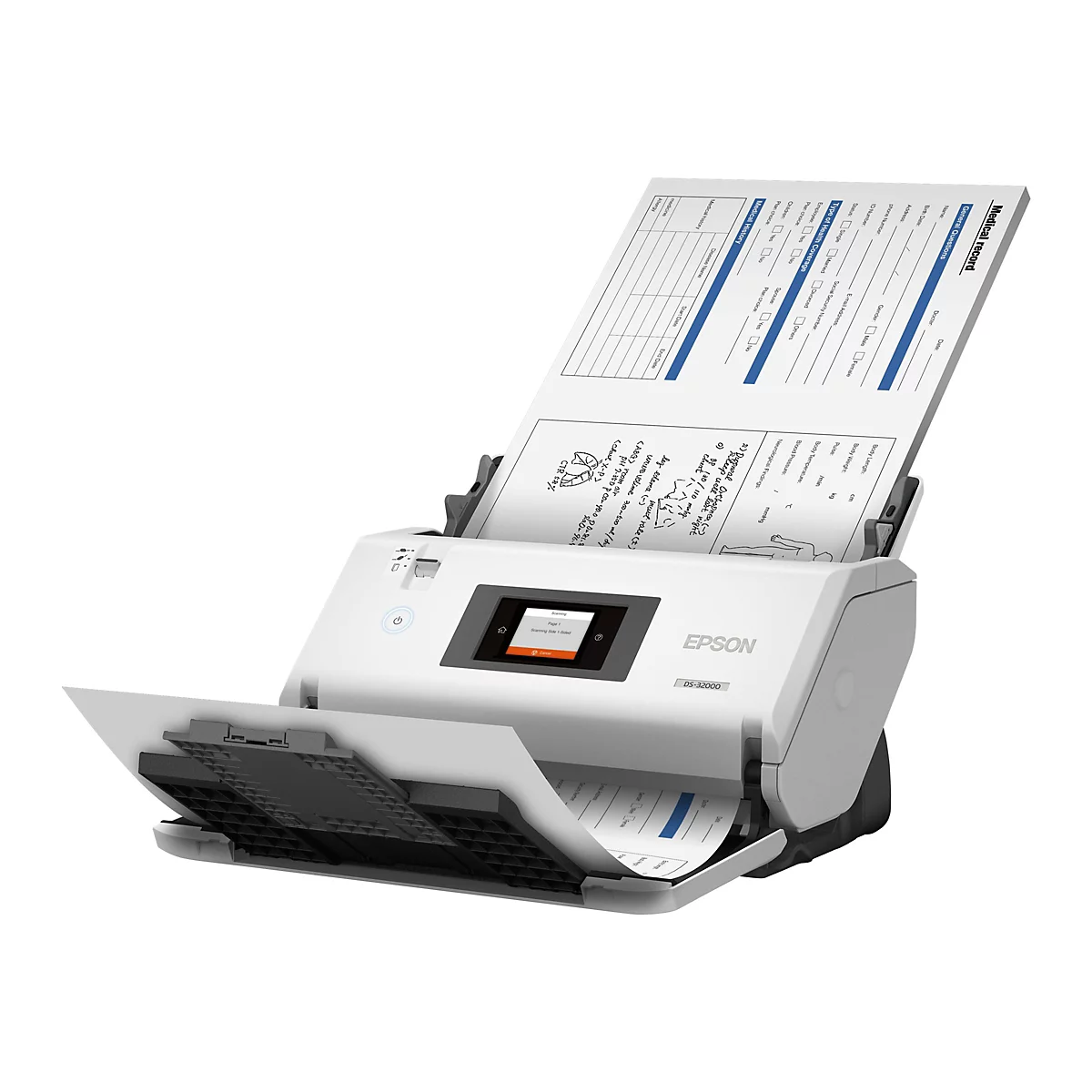 Ein weißer Epson-Dokumentenscanner scannt ein medizinisches Dokument mit handschriftlichen Notizen. Das Display zeigt 'Scannen', 'Seite 1' und 'einseitiges Scannen'.