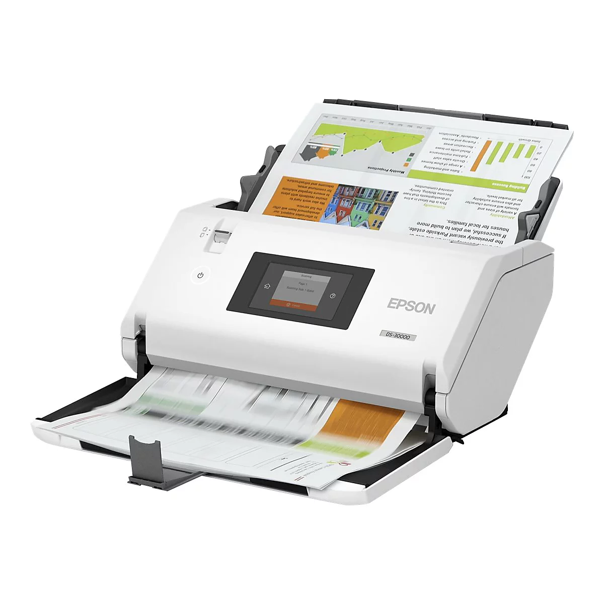 Weißer Epson-Scanner mit eingescannten Dokumenten, einem Touchscreen und dem Logo des Herstellers.