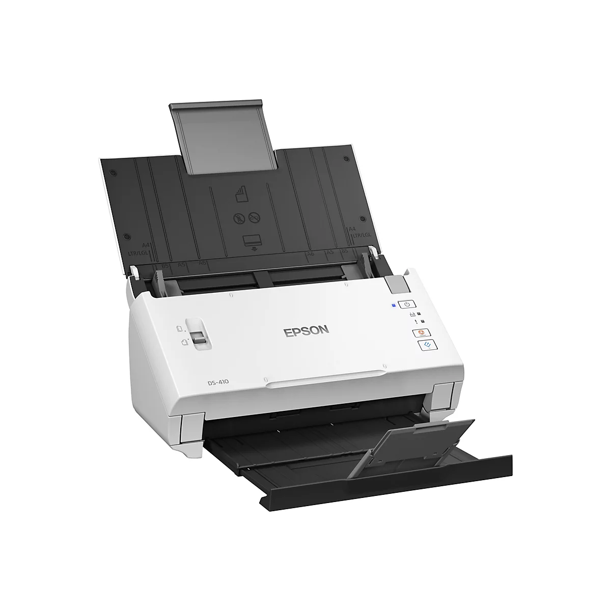 Un scanner de documents Epson DS-410 blanc avec bac d'entrée et de sortie de papier ouverts. Il y a des symboles et des boutons sur le dessus pour l'utilisation.