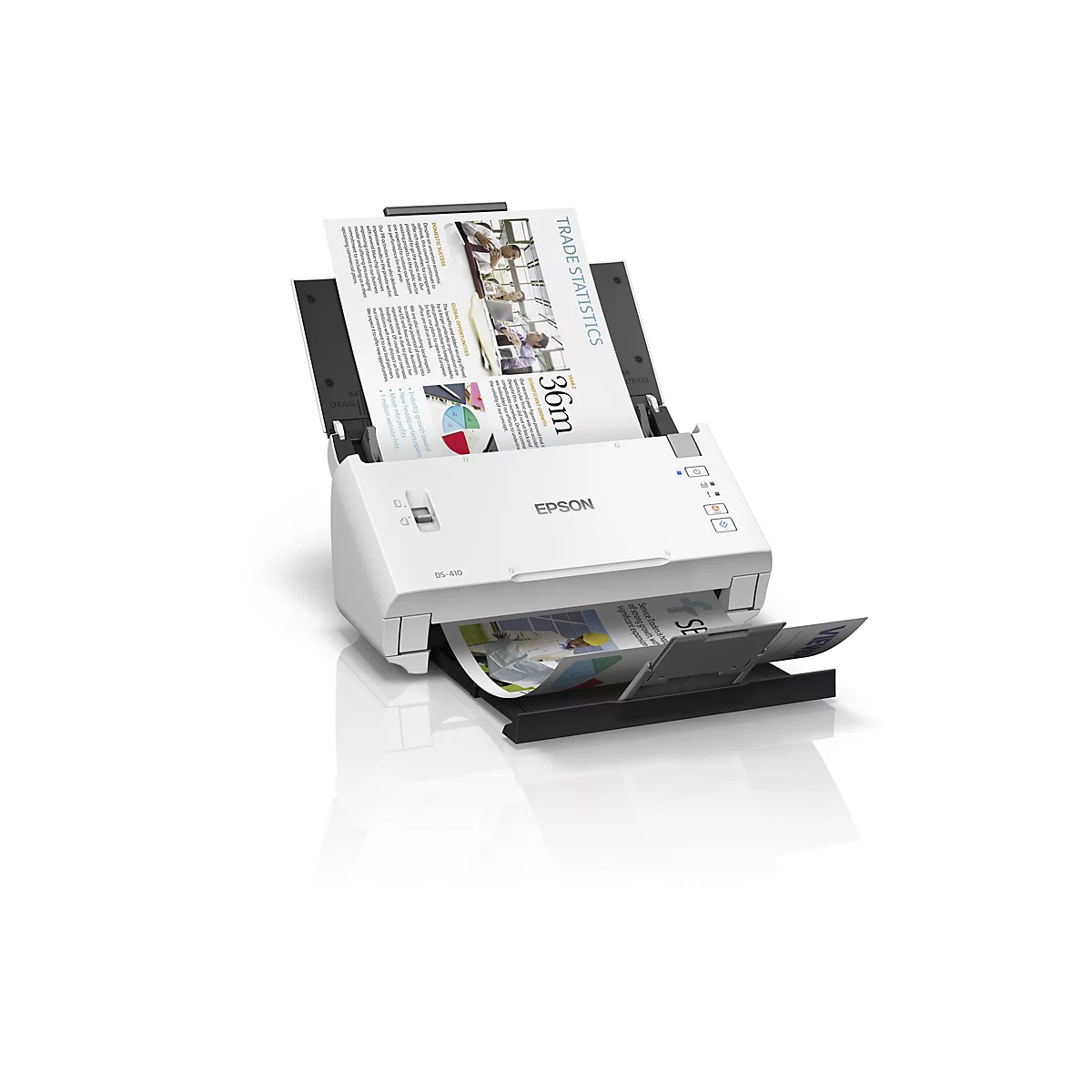 Ein weißer Epson DS-410 Scanner scannt ein Dokument. Die Papiere werden vom Scanner ausgeworfen, auf denen Text und Grafiken zu sehen sind.