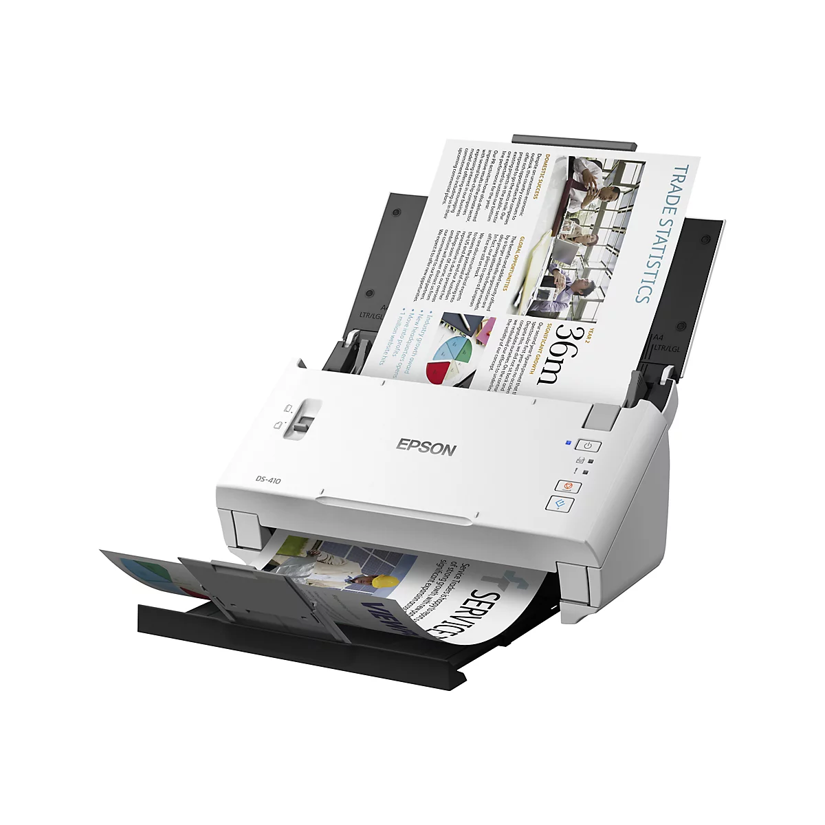 Ein weißer Epson-Dokumentenscanner scannt ein Blatt Papier mit Text und Diagrammen. Der Scanner hat ein offenes Fach zum Einlegen der Dokumente und ein offenes Fach zum Ausgeben der gescannten Blätter.